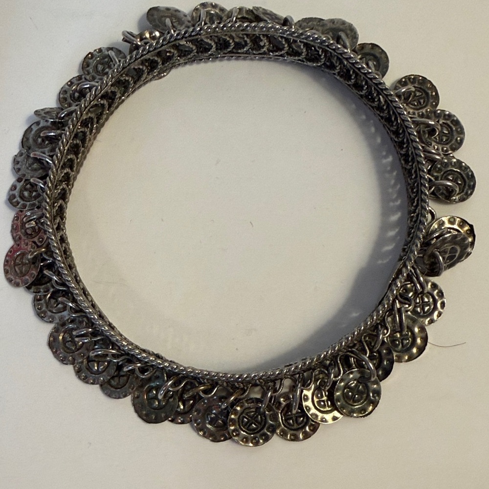 Silver Coin Charm bangle Bracelet, 3” across